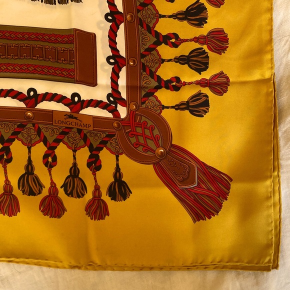Longchamp Silk Scarf with Gold and Brown Rope and  Tassel Design - Picture 1 of 4